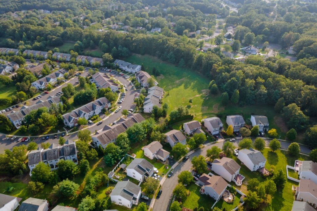 Drone view of suburban homes in Parma, Ohio, just outside Cleveland
