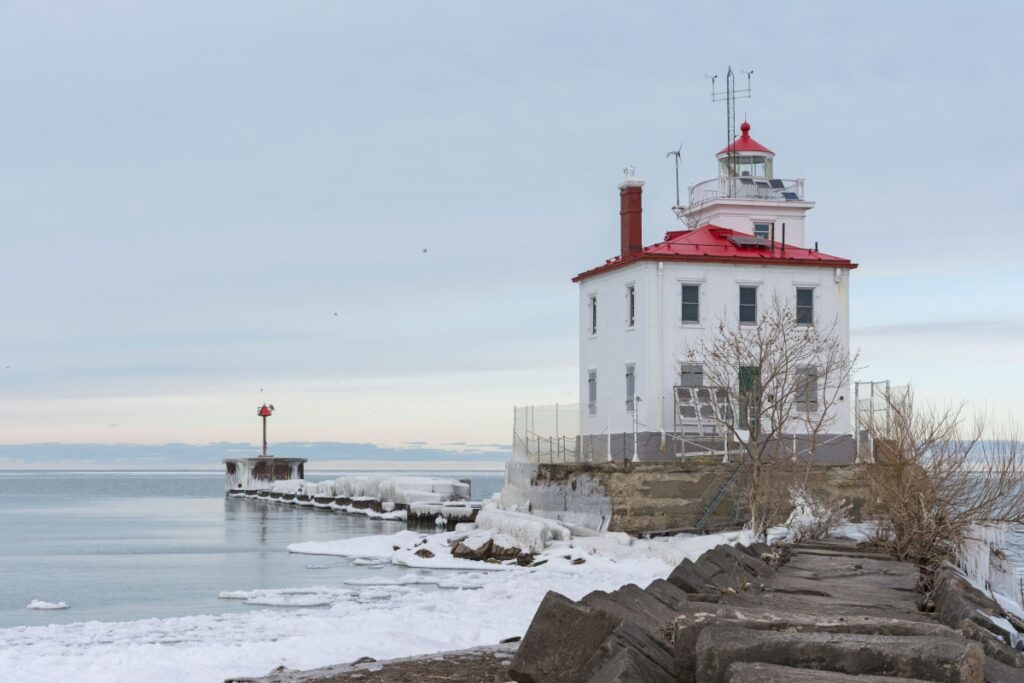 Stunning view of a lighthouse on an overcast day in Mentor, Ohio